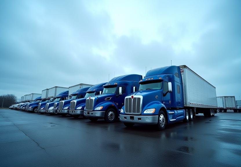 Modern KB Trucking fleet lined up at the Novi, Michigan distribution center