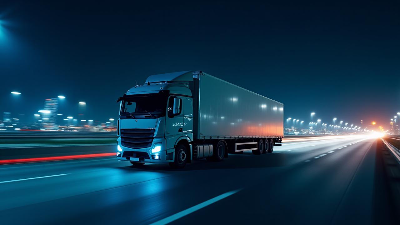 Expedited truck moving at high speed during night logistics operations