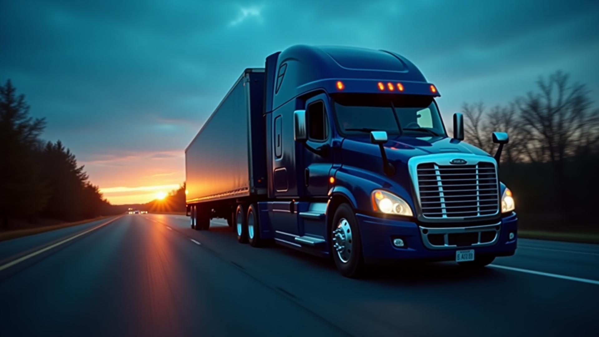 KB Trucking semi-truck moving at high speed during dusk
