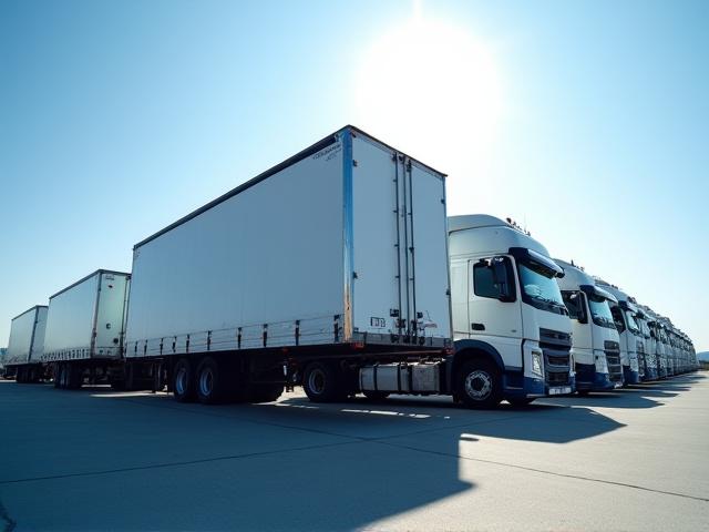 Fleet of KB Trucking semi-trucks at Michigan terminal