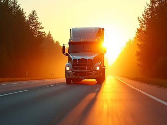 KB Trucking dry van moving on open highway at sunrise